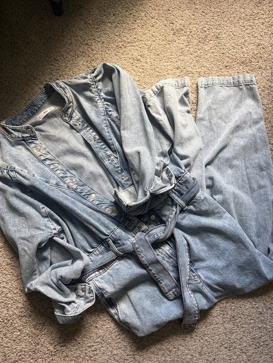 Mango Denim - Mango Light Blue Denim Women's Jumpsuit with Tie Belt